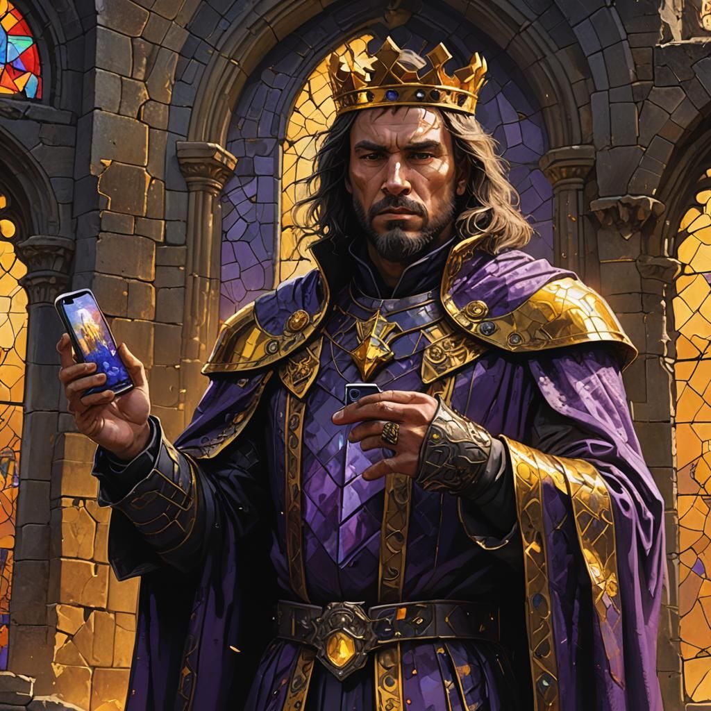 King in Ruined Castle with Cell Phone in Dark Fantasy