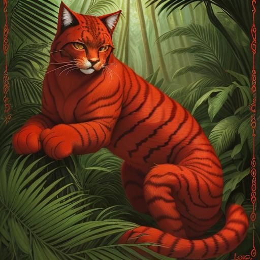 Giant Red Cat in Rousseau-esque Tropical Forest