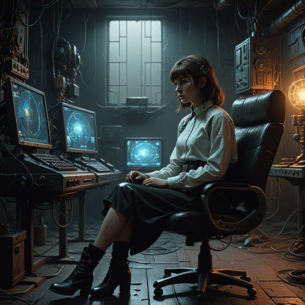 Cyberpunk Russian Woman in Dark Lab, Surreal Style