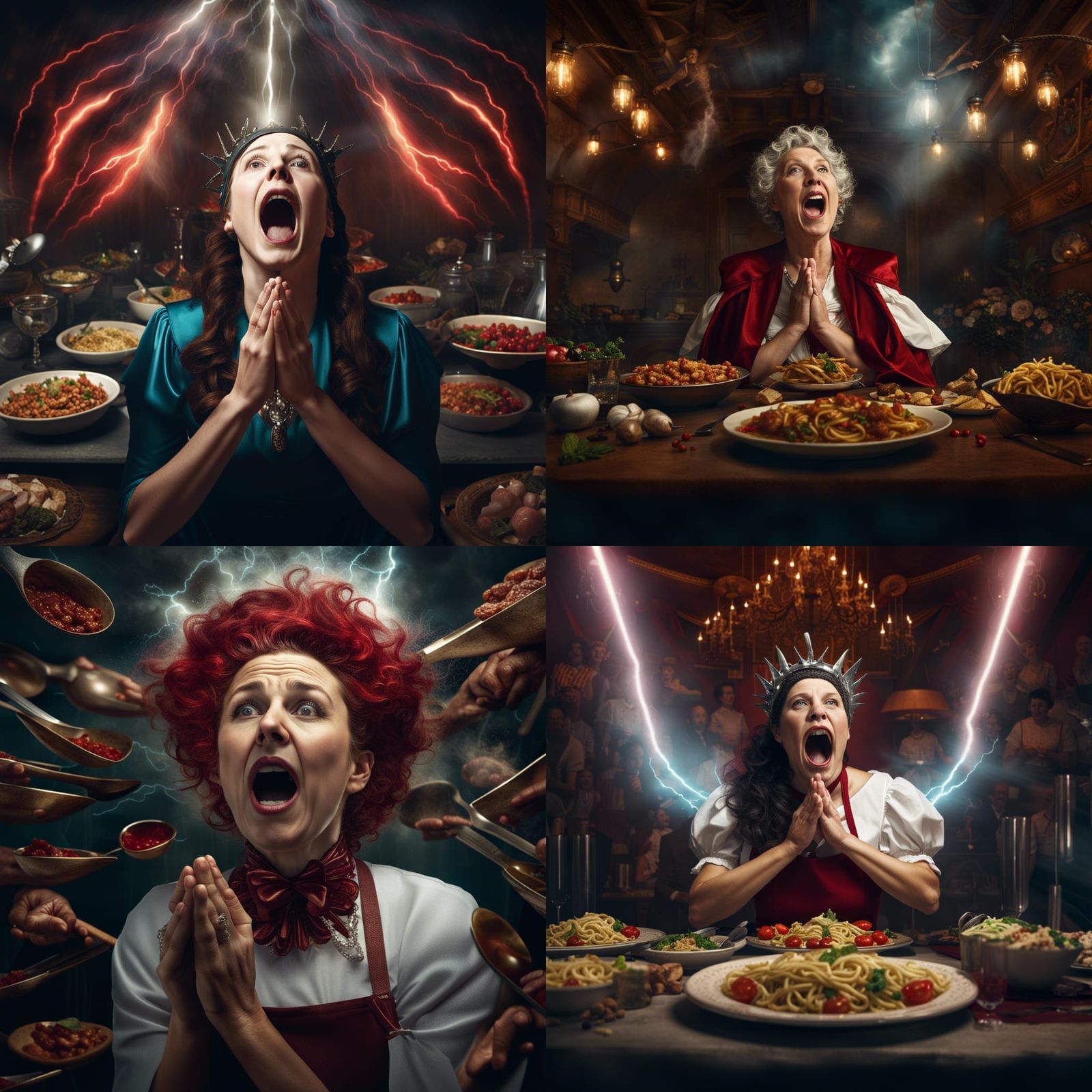 Tesla Woman Praying to Italian Food, Photorealistic