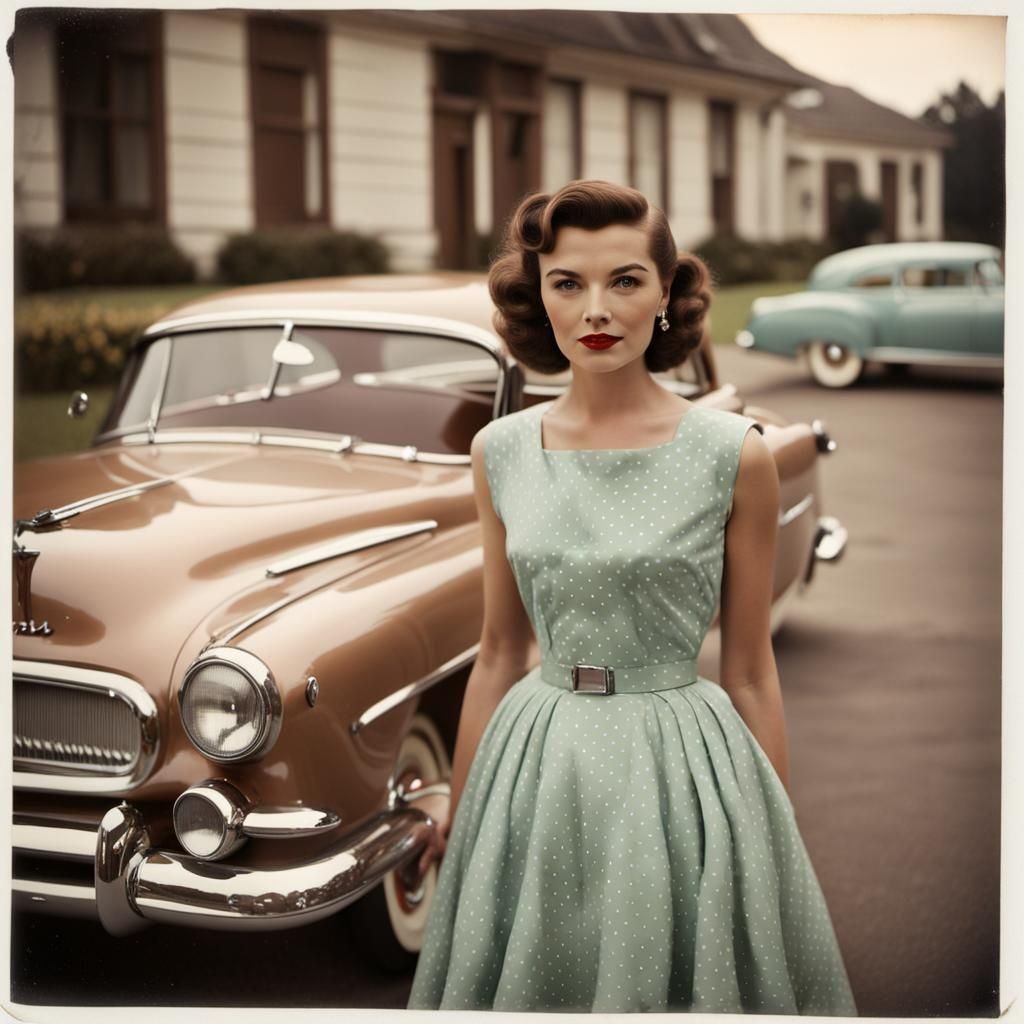 Vintage Polaroid Photo of Woman with 1950s Car