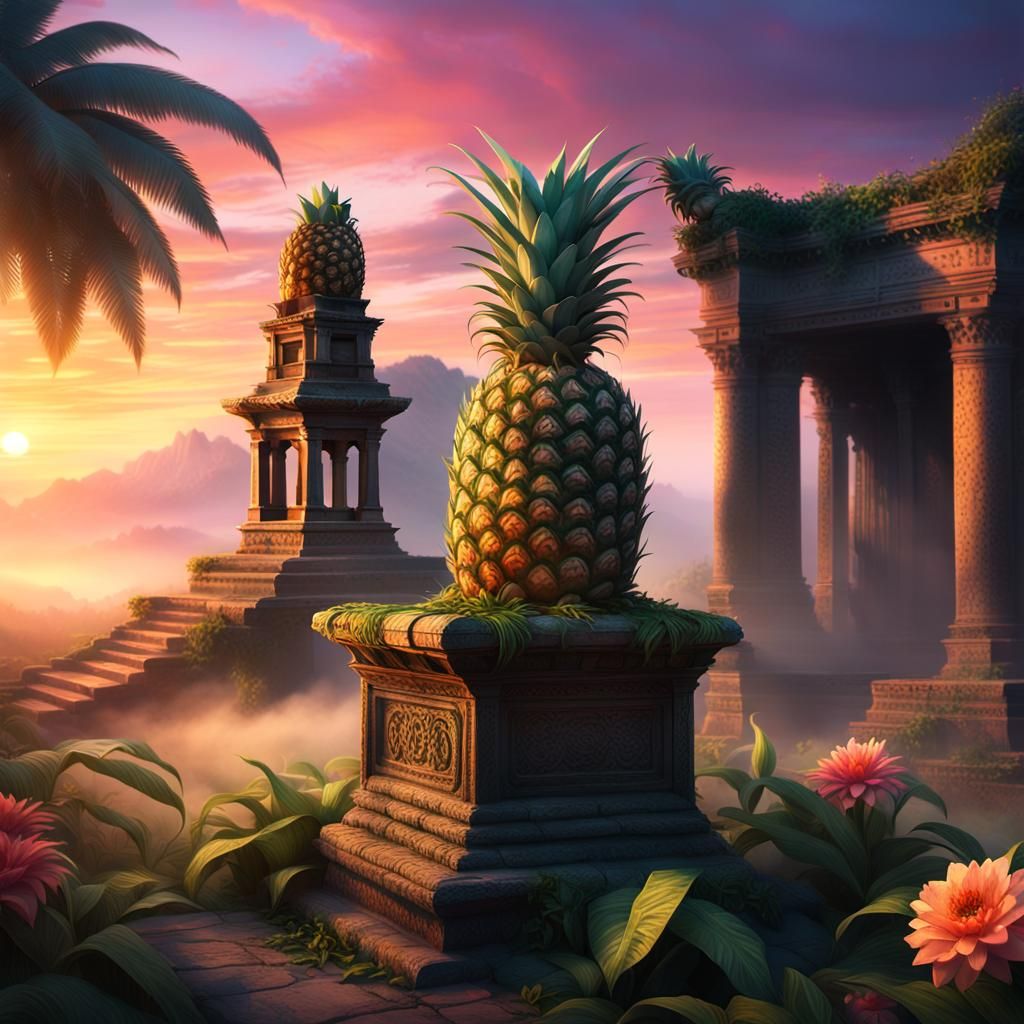 Pineapple on Ancient Temple Pedestal at Sunset