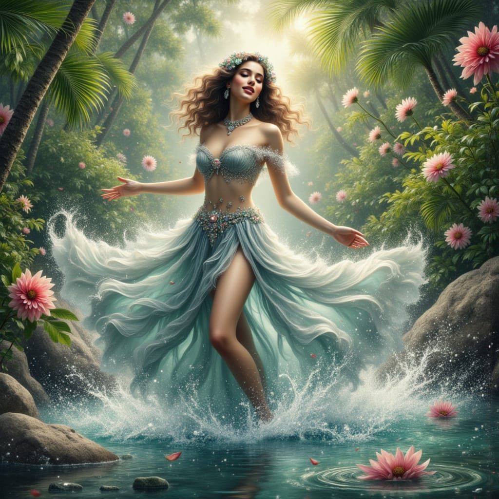 Goddess Emerges From Tropical Waters in Brushed Oils Style