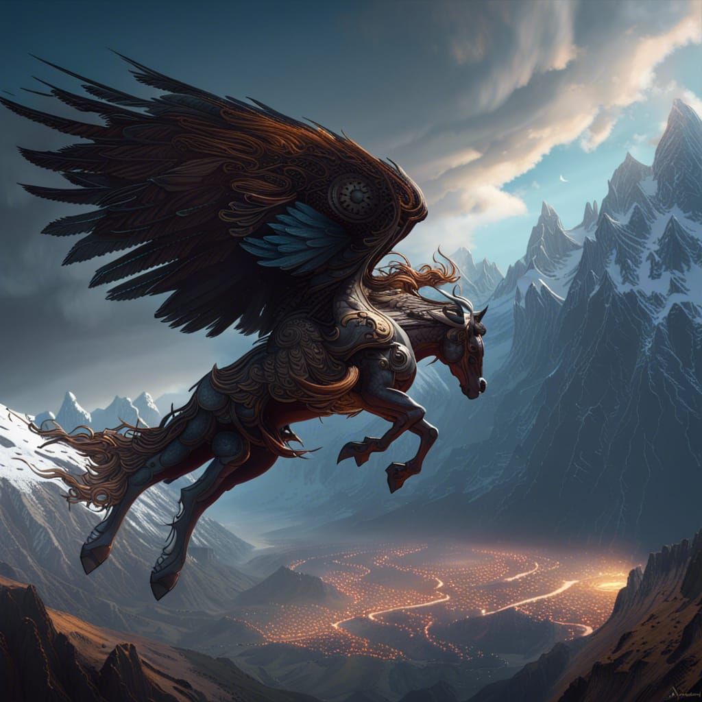 Pegasus Over Andes: Dark Fantasy Concept Art