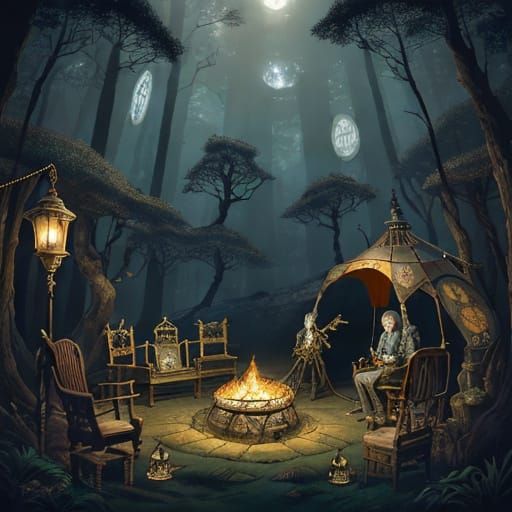 Steampunk Campsite in a Moonlit Forest, Inspired by Fantasti...