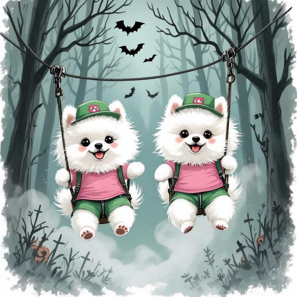 Pomeranians Zip Lining Through Haunted Woods