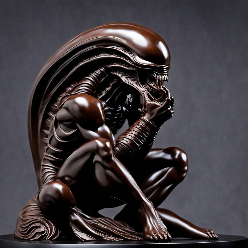 Dark Chocolate Xenomorph Sculpture in Volumetric Lighting