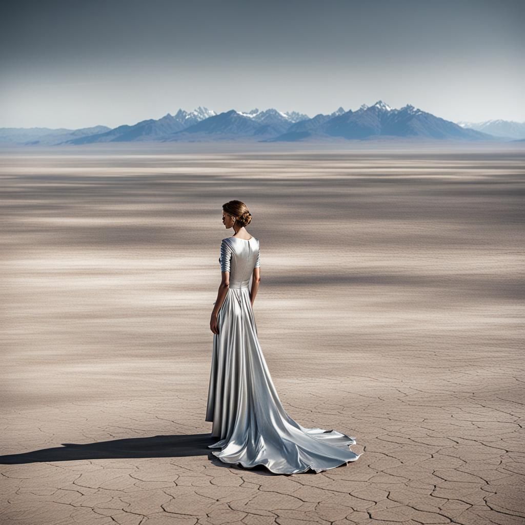 Woman in Silver Gown on Barren Plain