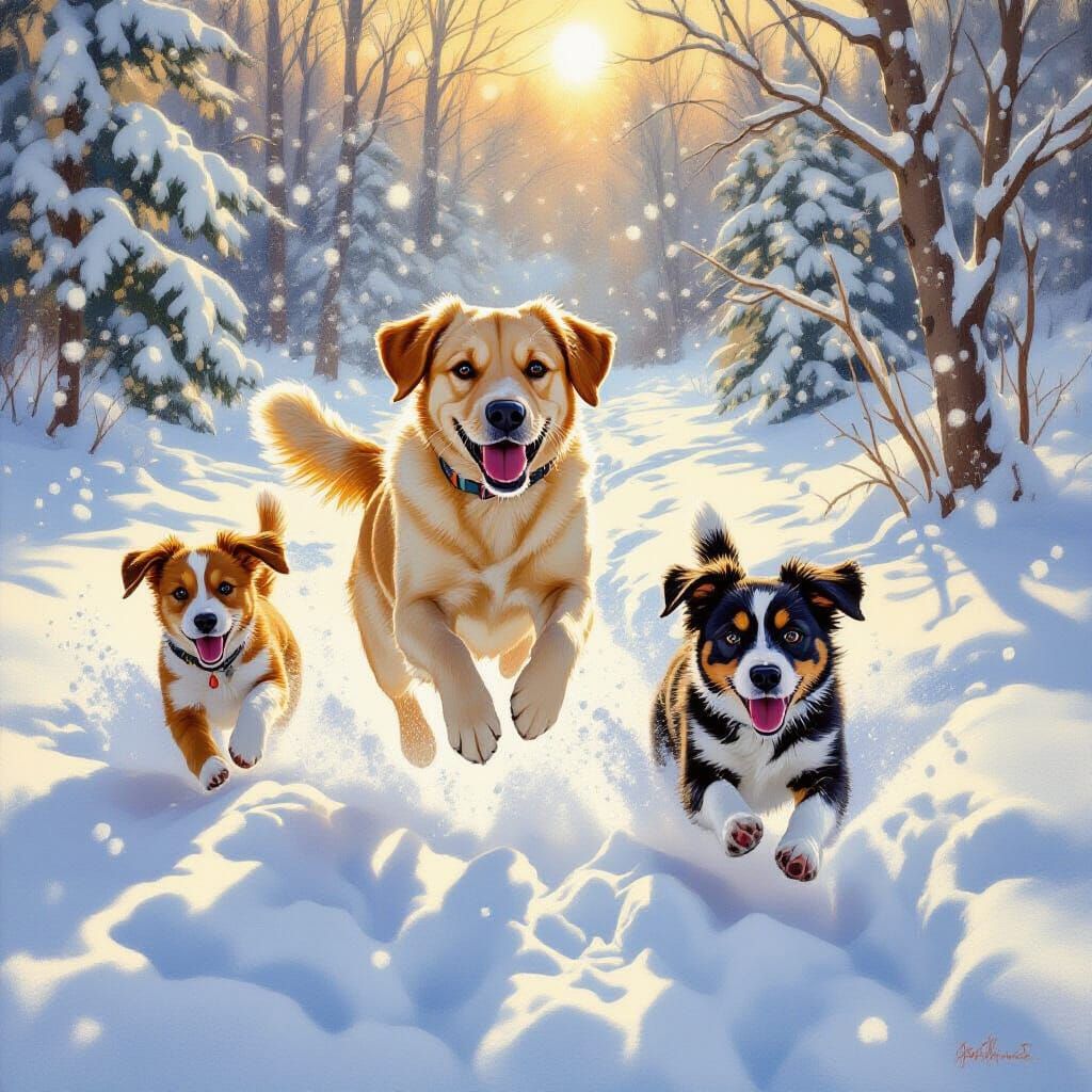 Dogs Play in Snowy Landscape with Warm Sunlight