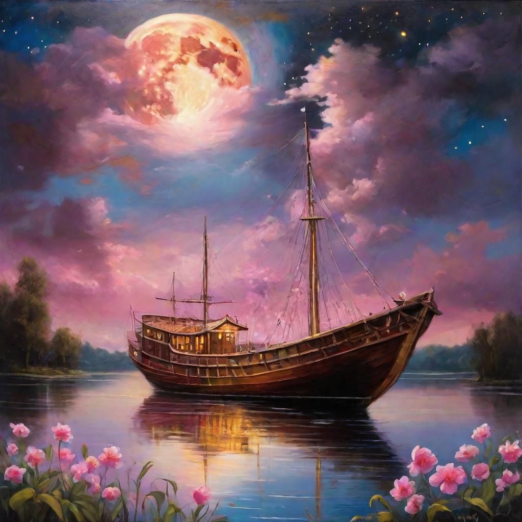 Majestic Moonlit Ship: Romantic Realism Oil Painting