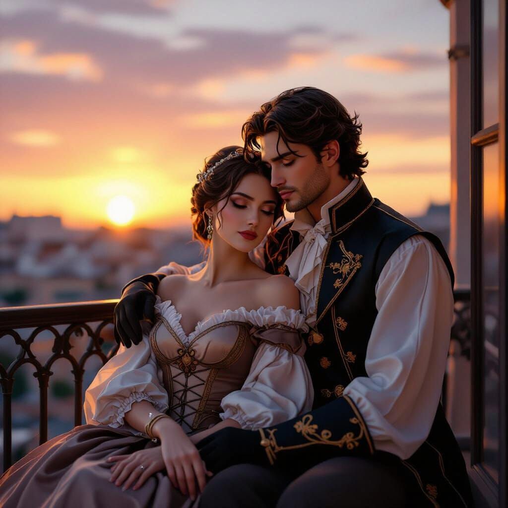 Elegant Cosplay Couple on Balcony at Sunset, Painterly Style