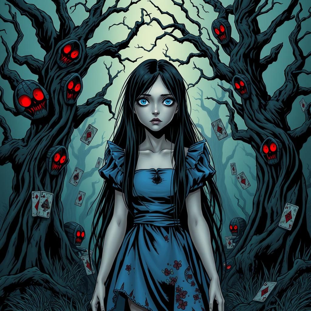 Alice in wonderland, alice, black hair, bright blue eyes, da...