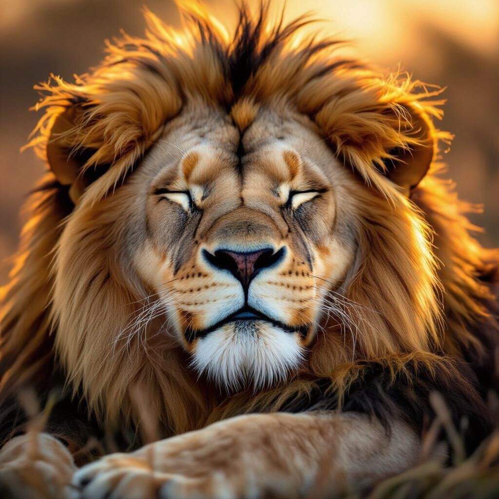 Happy Lion Dosing Contentedly in Golden Hour Light