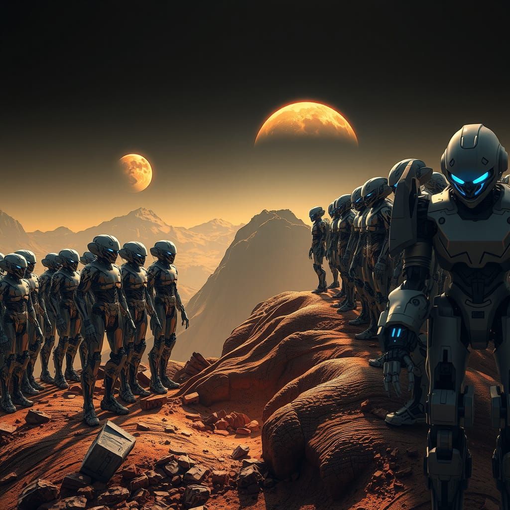 Epic Sci-Fi Battle: Androids vs Mecha Robots on a Barren Lun...