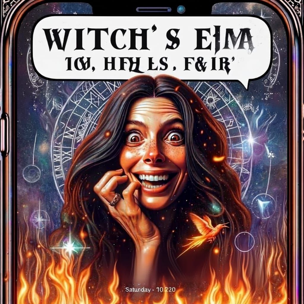 Anxious Woman Grinning in Cosmic Witchcraft Inferno