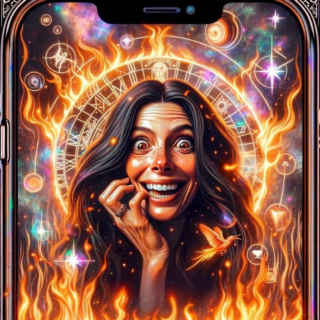 Anxious Woman Grins Amidst Surreal Cosmic Fire