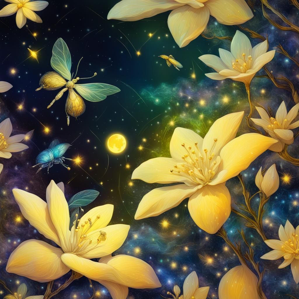 Jasmine Flowers with Fireflies in Astral Illustration