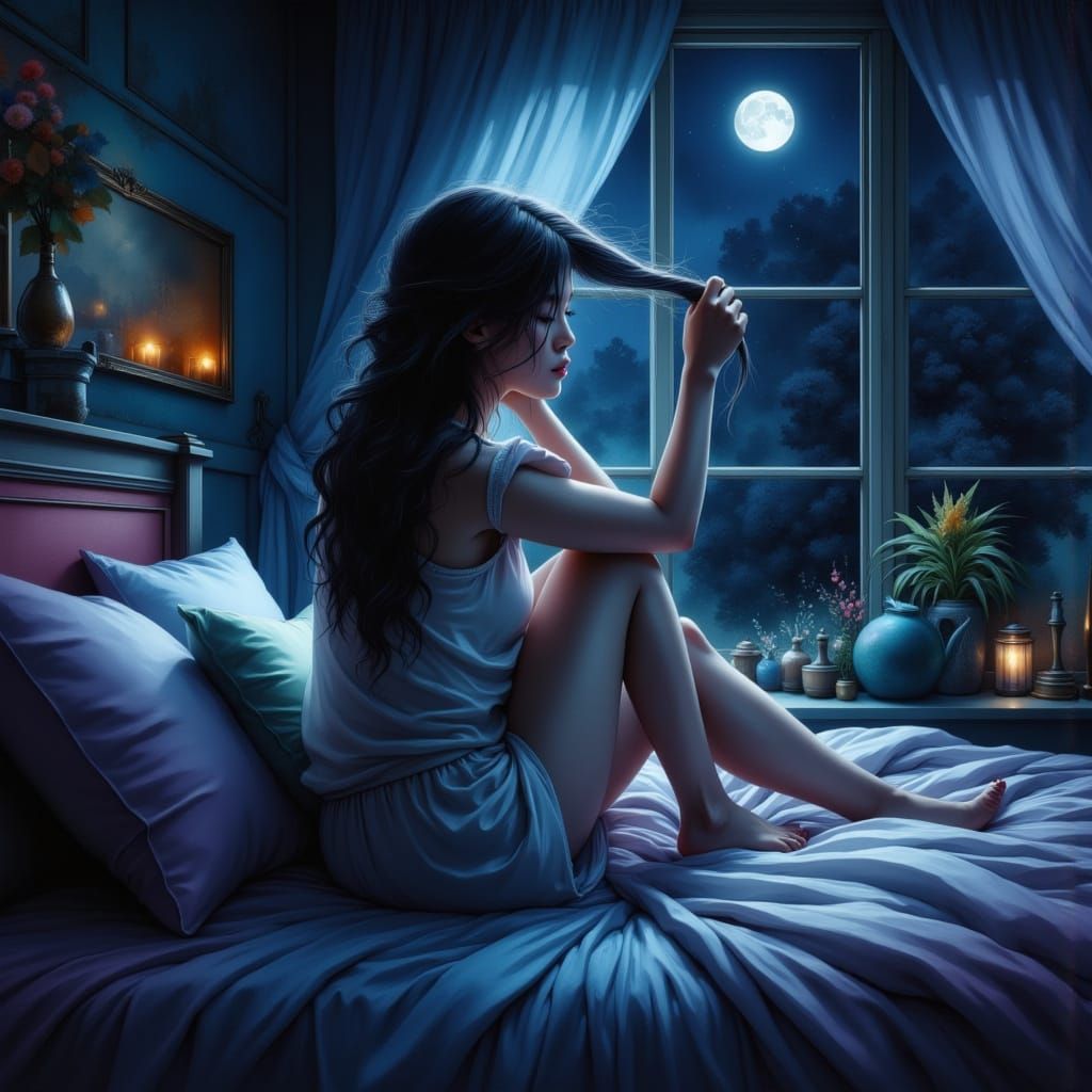 Woman Brushing Hair by Moonlight in Fantastical Matte Painti...