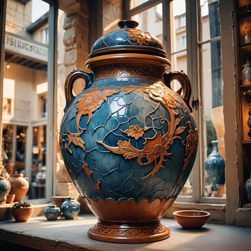 Very large carved porcelain jar, classic amphora shape, wide handles, in window of a art shop