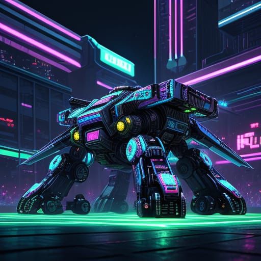 Robotic Battlebots Gather in Neon City, Pixel Art