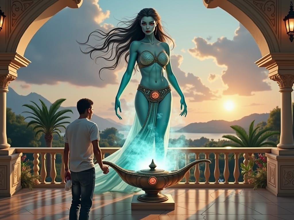 Majestic Genie Emerges in Art Deco Oasis with Futuristic Acc...