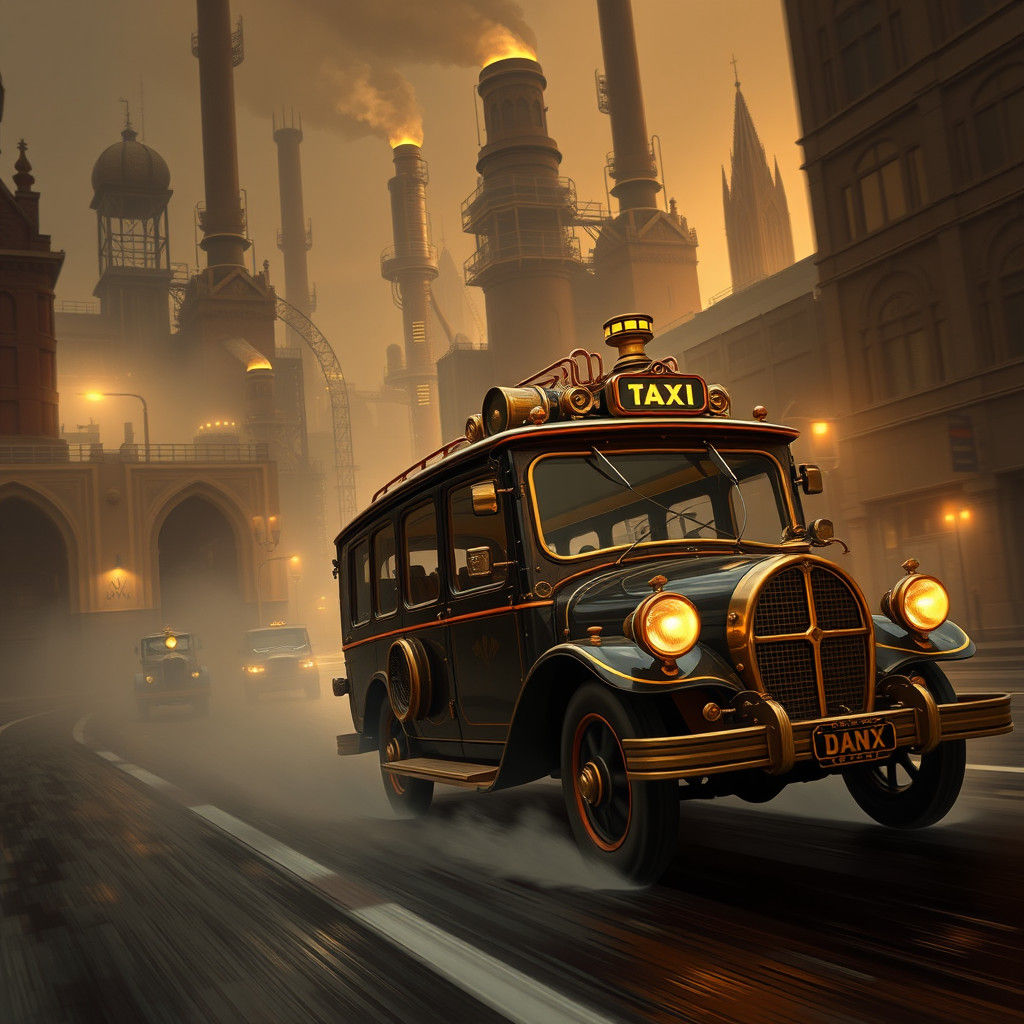 Victorian Steam-Powered Taxicab in Industrial Cityscape