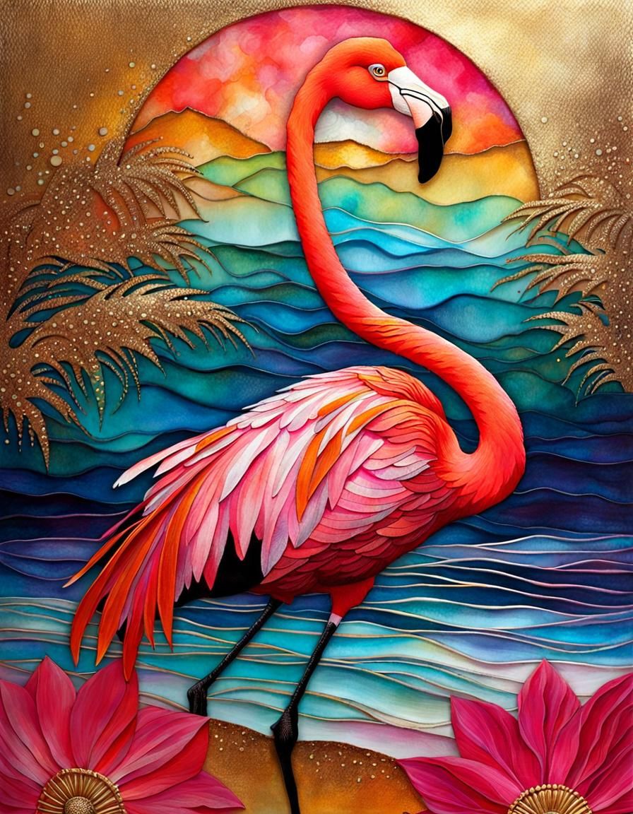 Flamenco Flamingo in Alcohol Ink Style