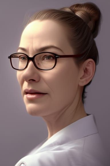 smiling, loving, caring, nice female psychologist, lab coat, glasses, hair in a bun