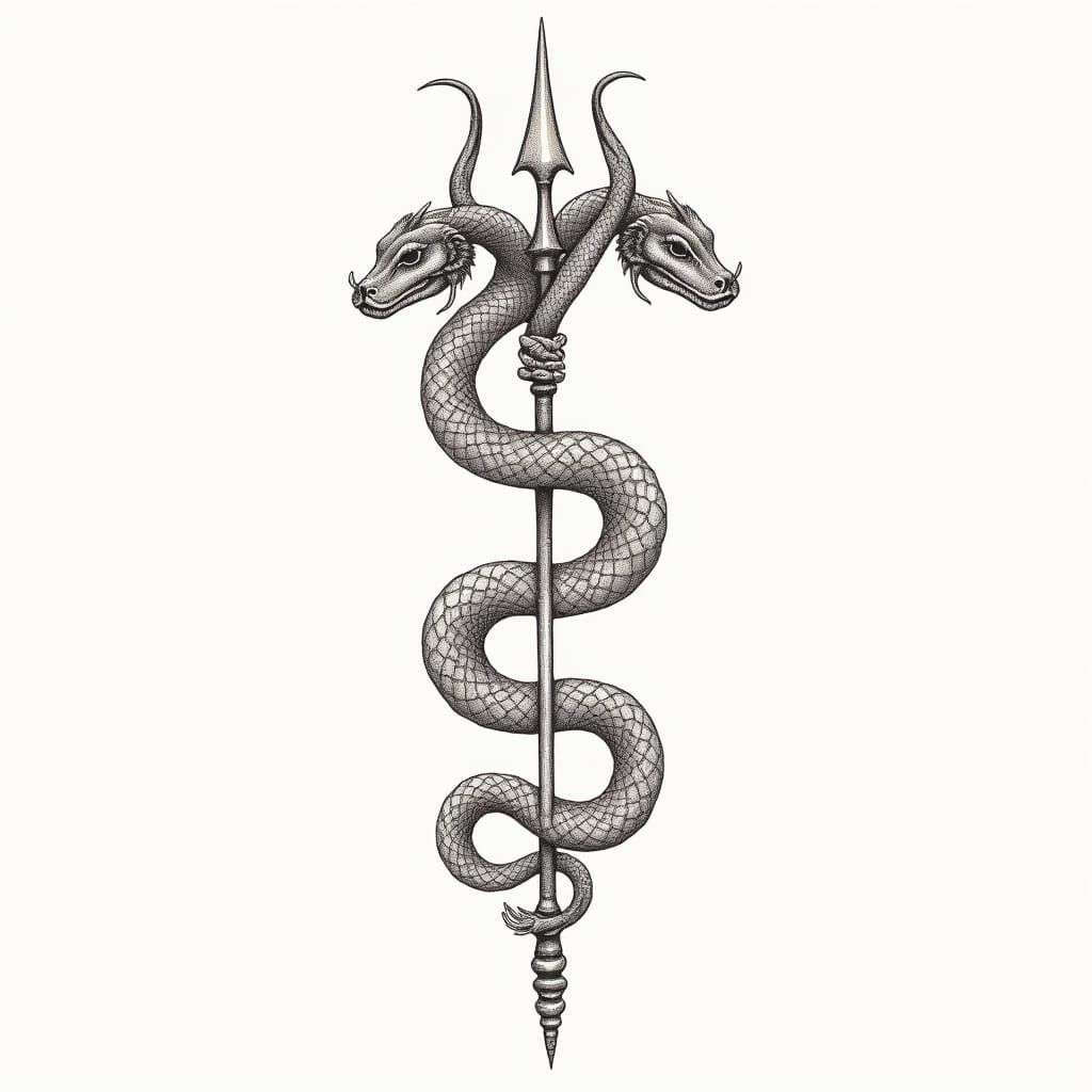 Two-Headed Snake and Trident Tattoo Design
