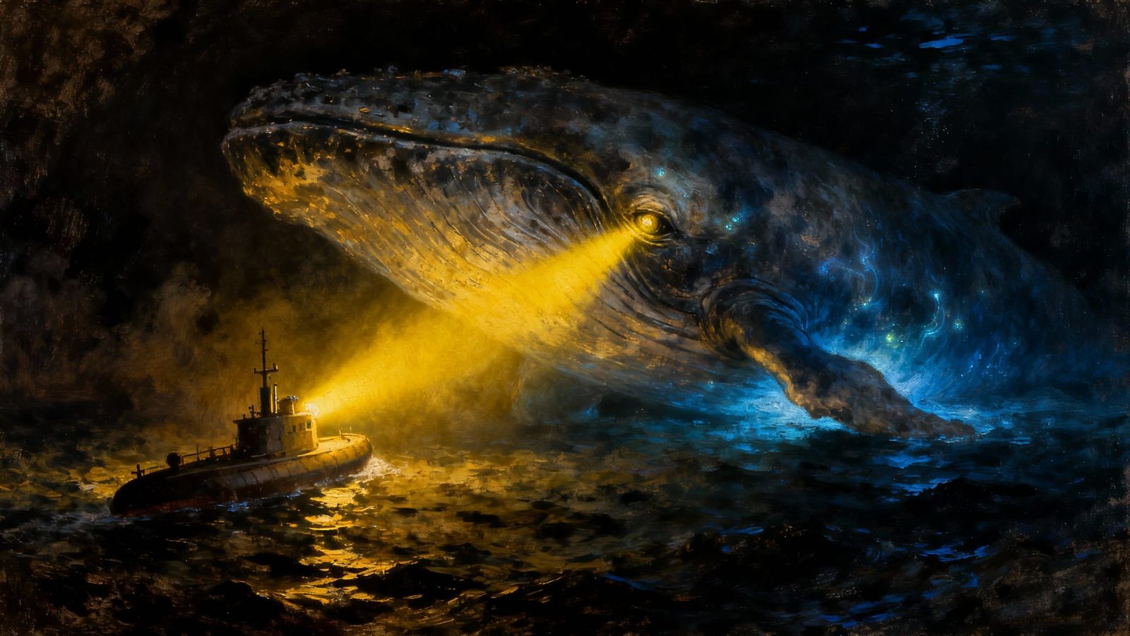 Whale's Eye Illuminated by Submarine Light in Deep Sea