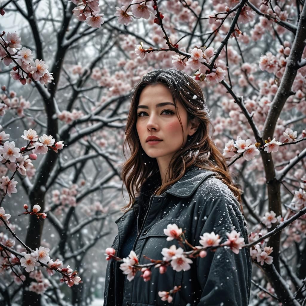 Beautiful Girl in Blossoming Snowfall: Hyperrealistic Portra...