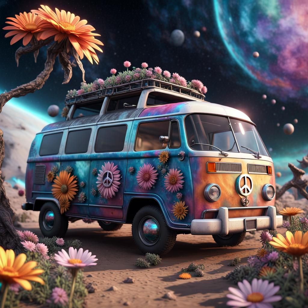 Tie Dye Van in Space: Sci-Fi Render