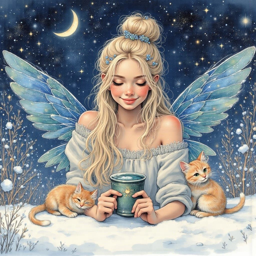 Woman in Snow with Glittering Kittens in a Magical Digital I...