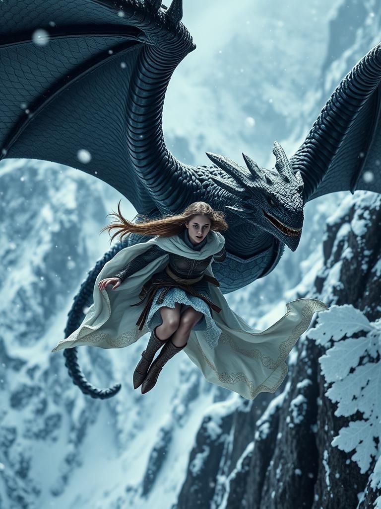 Dragon Saves Warrior Girl From Snowy Cliff