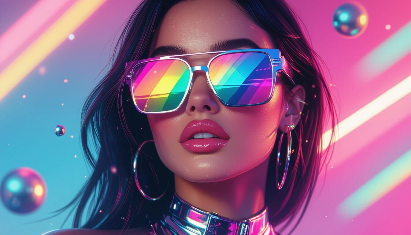 Neon Retro-Futuristic Woman Portrait with Geometric Shapes
