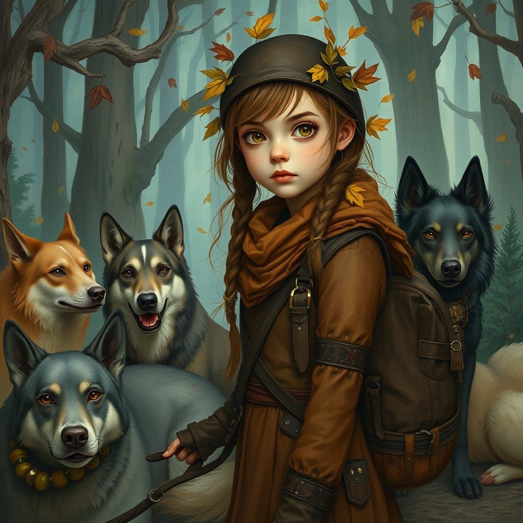 Girl with Wolves in Whimsical Woodland Setting