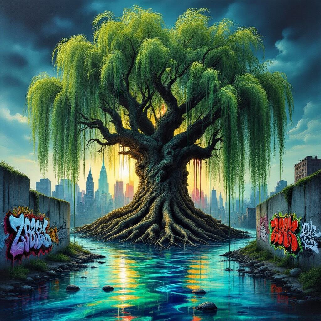 Surreal City Entwined in Giant Willow Tree