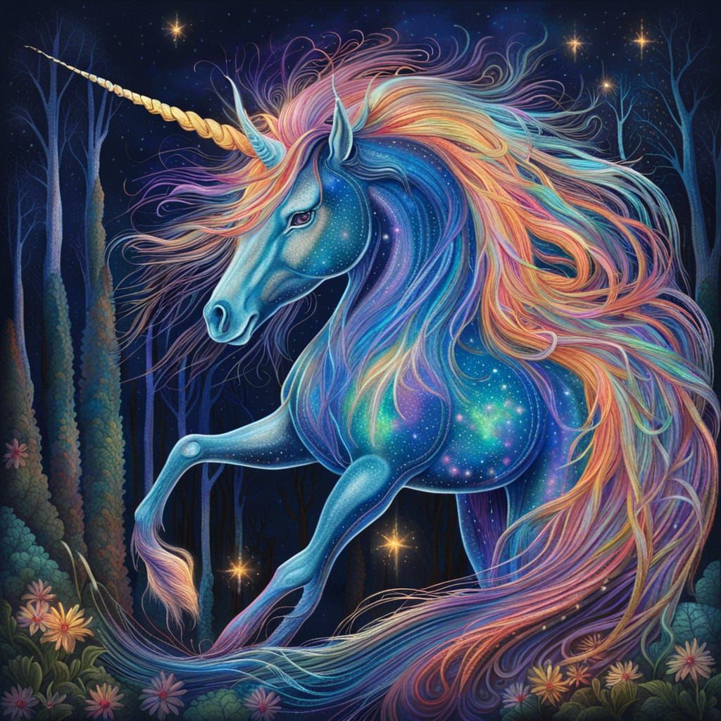 Iridescent Unicorn in Enchanted Forest: Candy Art