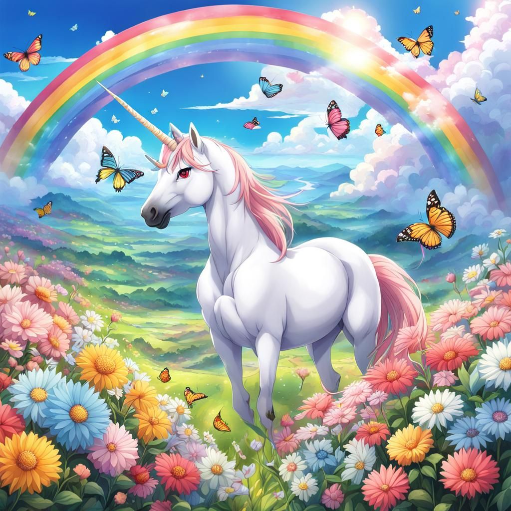 Unicorn with Rainbow and Flowers in Anime Style