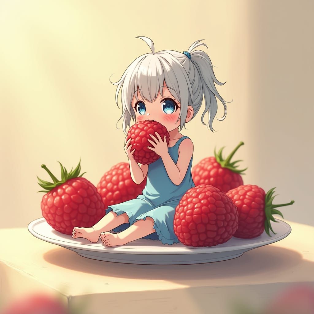 Tiny Anime Girl Bites into Giant Raspberry on Vibrant Plate