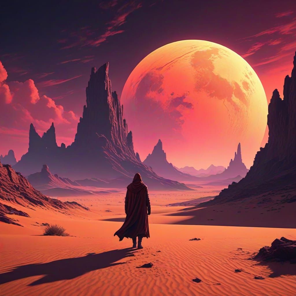 Lone Figure on Alien Desert Planet with Twin Moons