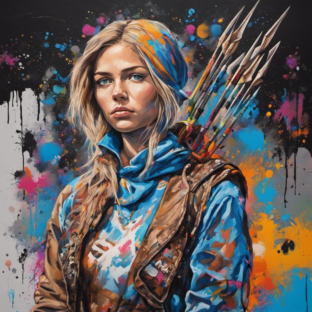 Futuristic Western Woman with Bow in Graffiti Style