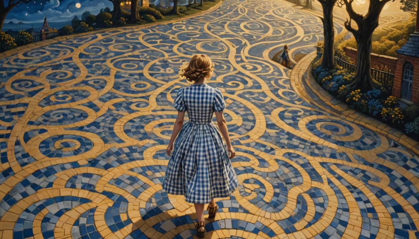 Surreal Woman Walks Yellow Brick Road in Dreamlike Op-Art