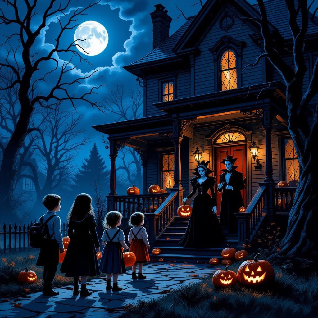 Kids Trick-or-Treating Meet Vampires at Spooky Manor