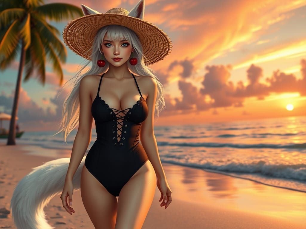 Hourglass Woman with Fox Features on Tropical Beach