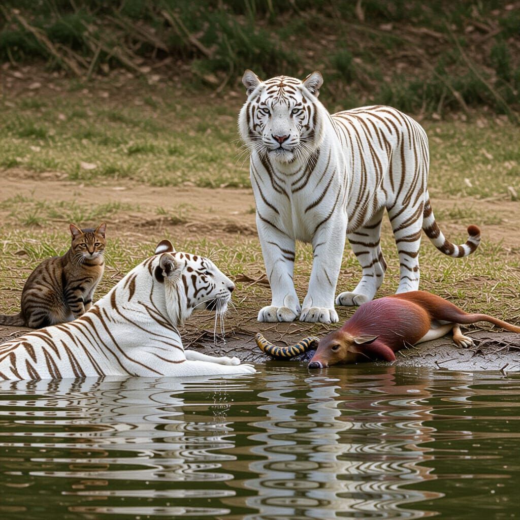 White Tiger Family Scene with Deer