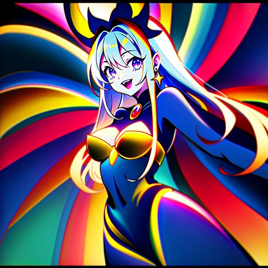 Holy Maiden Laughing Above Nebula in Stained Glass Style