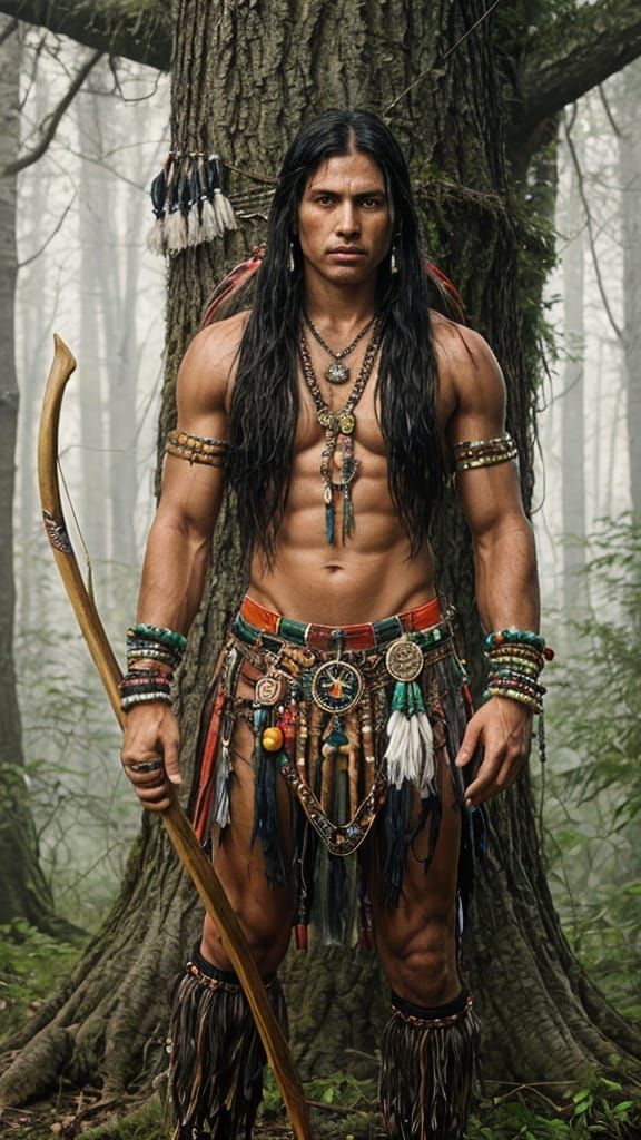 Native American Warrior in Watercolor Forest