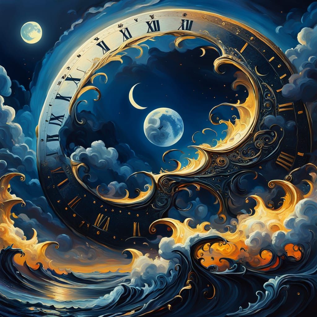Surreal Moonlit Sky with Melting Clocks