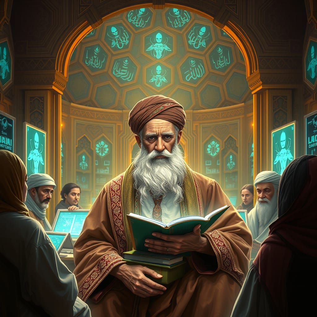 A Wise Scholar in a Futuristic Islamic Library